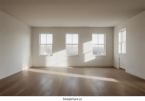 Empty room with three windows and wooden floor