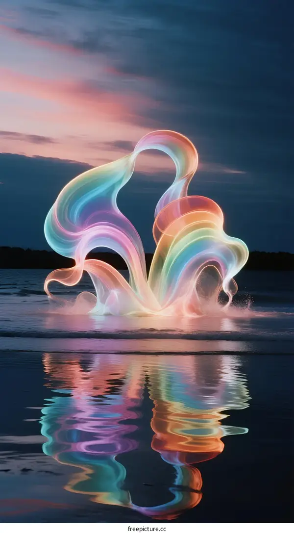 Colorful Light Art Installation Reflecting on Calm Ocean Surface at Dusk