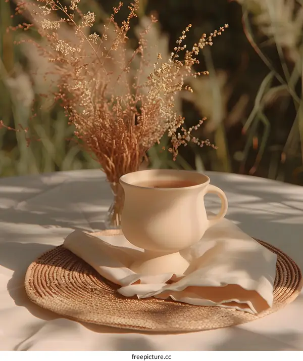 White Tea Cup On Wicker Coaster With Dried Flowers