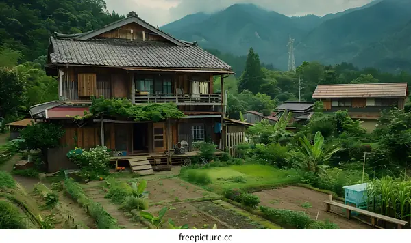 A traditional wooden house in a rural Japanese village.