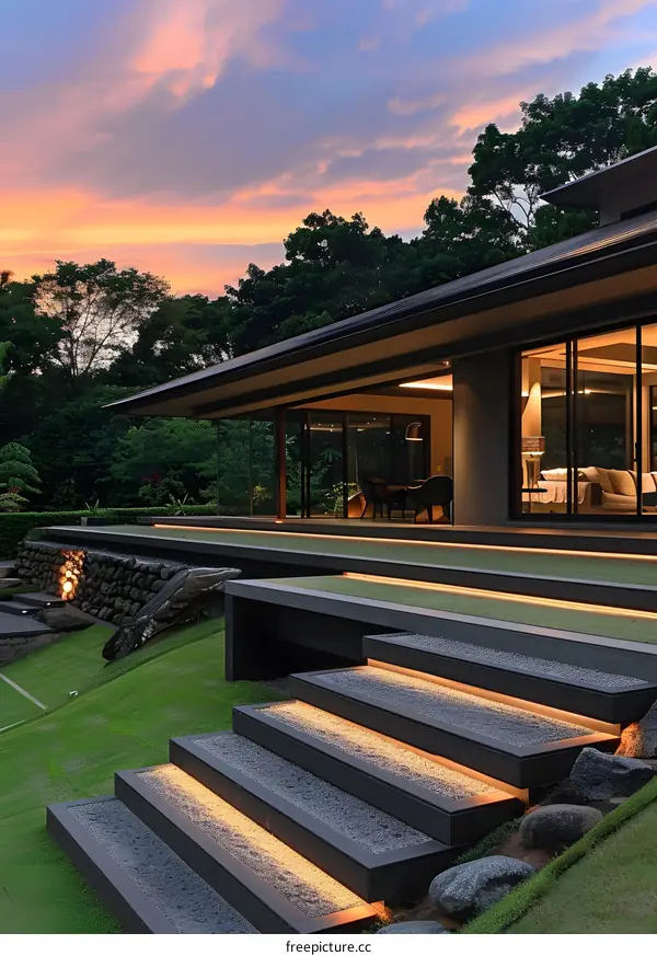 Modern House with Stone Steps and Sunset Sky