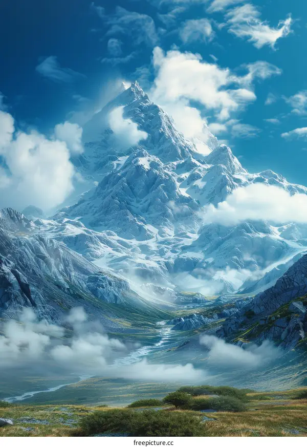 Majestic Mountain Peak Rising Above the Clouds in a Serene Valley