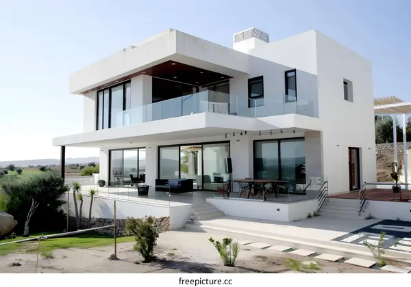 Modern White Villa with Glass Balcony and Large Windows