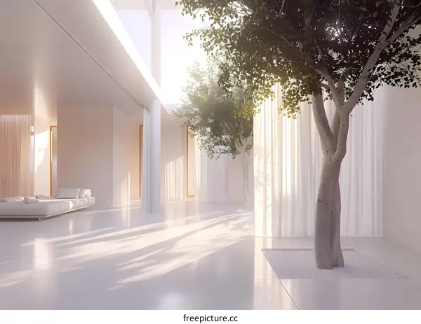 Minimalist Interior Design With Tree And White Curtains