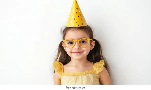 Smiling Girl with Yellow Party Hat and Glasses