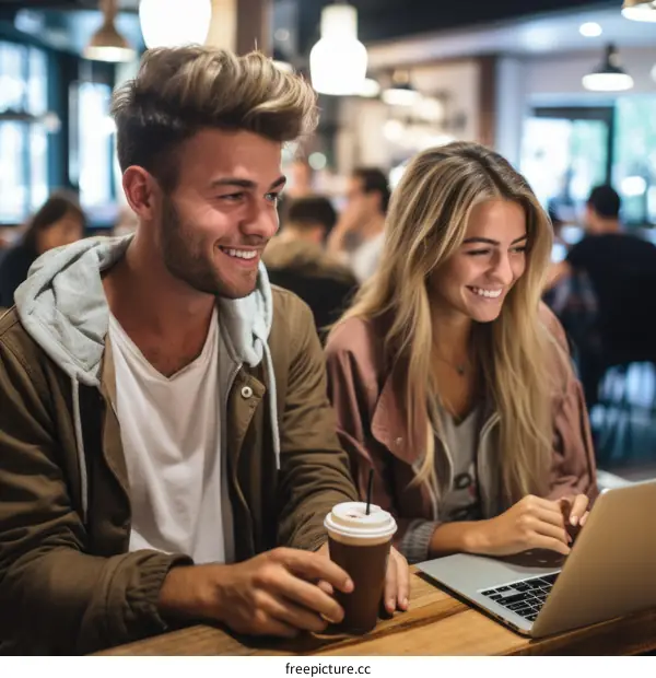 Young couple smiling while looking at laptop screen