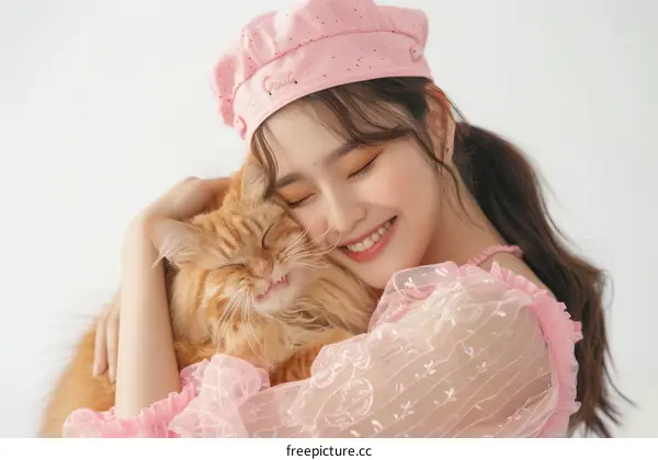 A woman hugging an orange cat