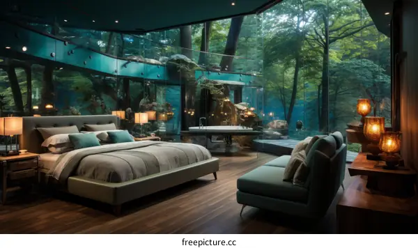 The bedroom has a large glass window that looks out onto a forest