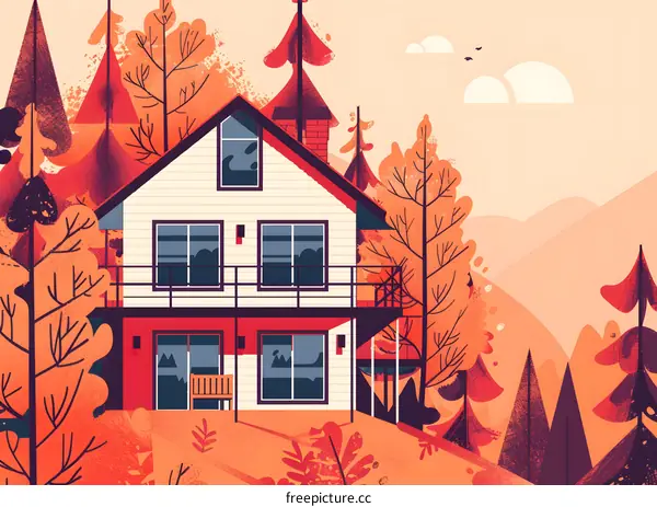 Autumn House Illustration with Forest Landscape