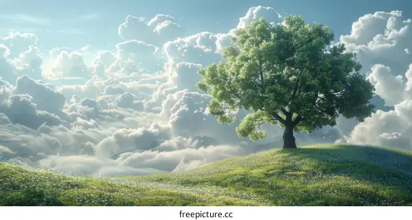 A Majestic Tree on a Hilltop Under a Cloudy Sky