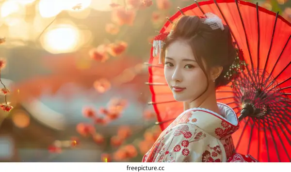 Portrait of a beautiful Japanese woman in traditional kimono holding a red umbrella