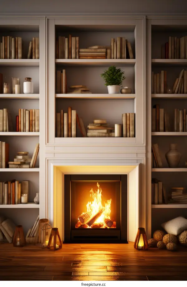A cozy fireplace with a crackling fire and a warm inviting glow