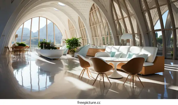 Modern bright sunlit hotel lobby interior with large windows