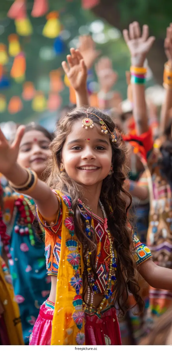 Indian girl in traditional dress performing Garba dance during Navratri festival
