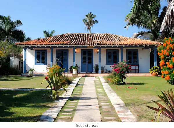 Beautiful White House with Blue Shutters and a Red Tile Roof in a Tropical Garden
