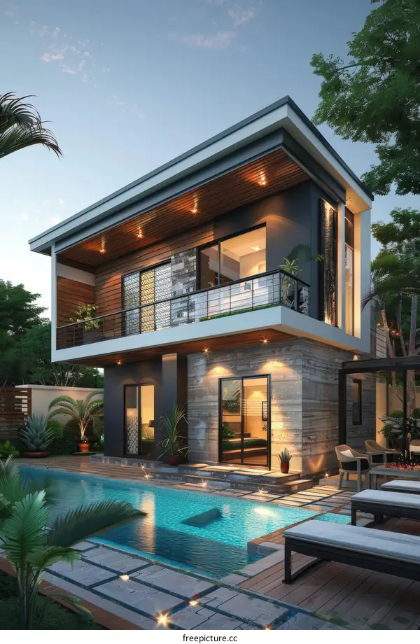 Modern Villa with Swimming Pool at Dusk