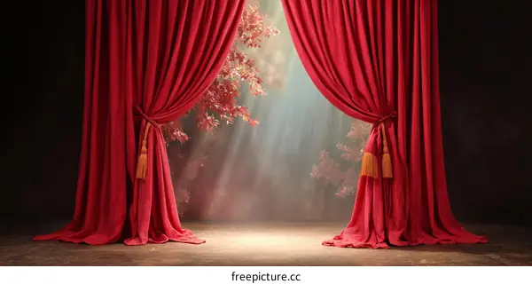 Red Theater Curtains Opening to a Nature Scene