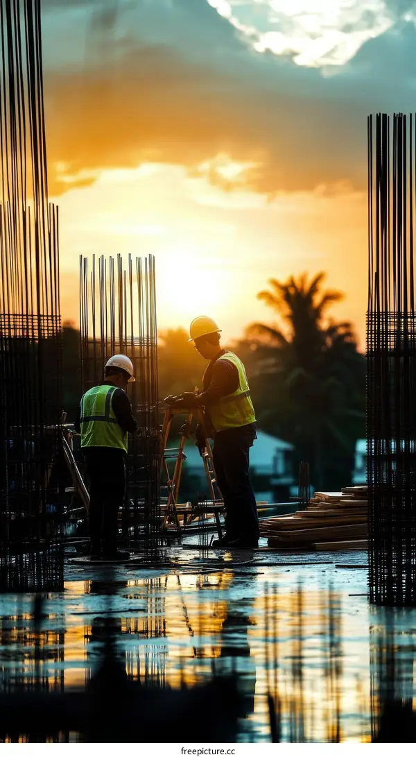 Construction Workers at Sunset on a Wet Construction Site