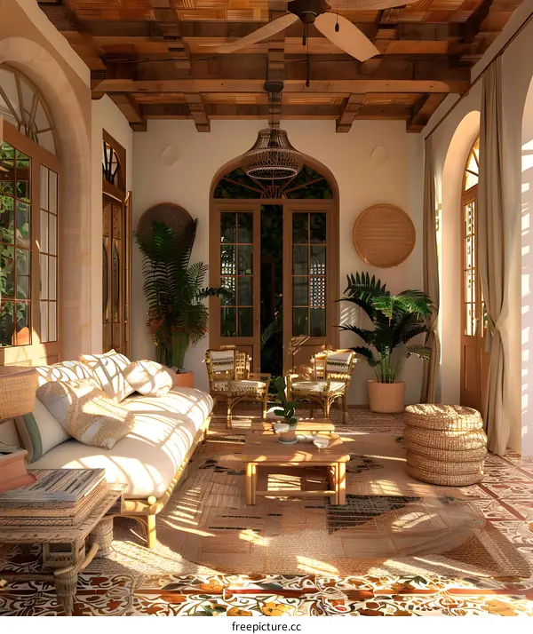 Tropical Patio with Woven Furniture and Sunbeams