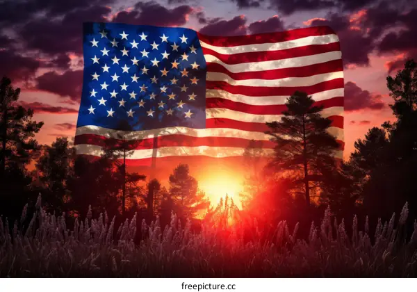 American Flag at Sunset in a Forest