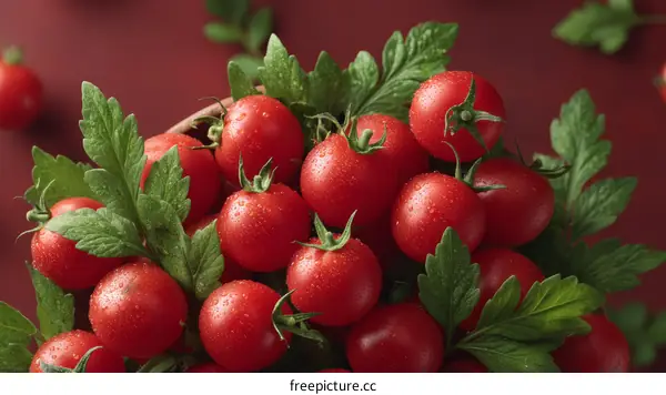 Freshly Harvested Cherry Tomatoes with Leaves