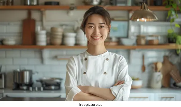 Portrait of a young Asian female chef standing in a commercial kitchen