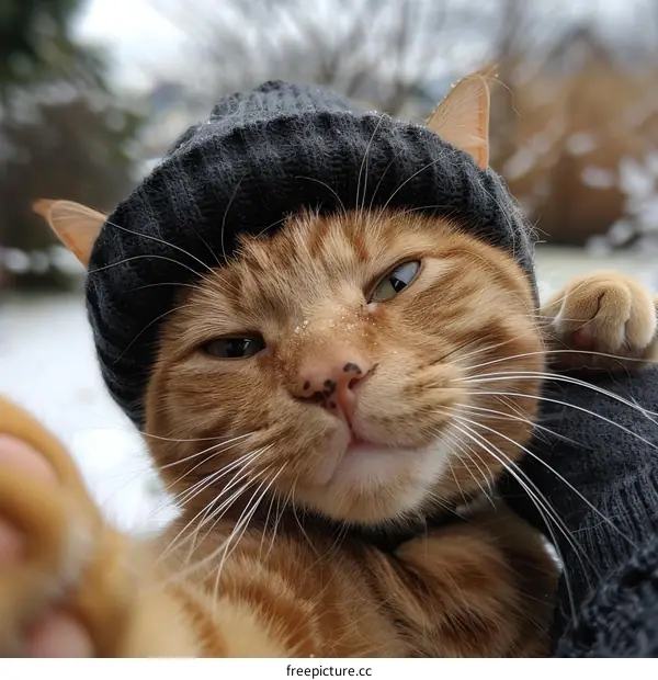 ginger cat wearing a gray beanie