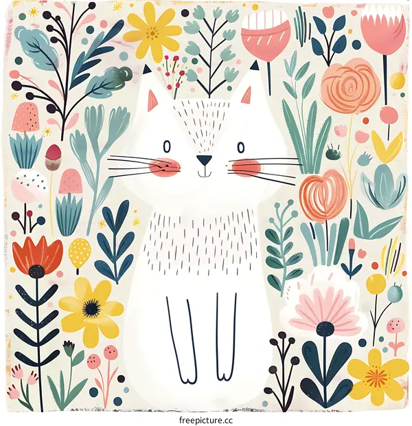 Cute White Cat with Floral Background Illustration
