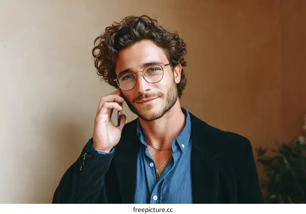 Close Up Portrait of a Caucasian Man Talking on Mobile Phone