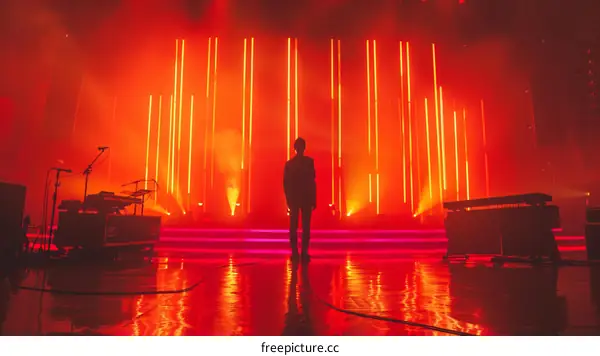 Man standing on a stage with red and orange lights in the background
