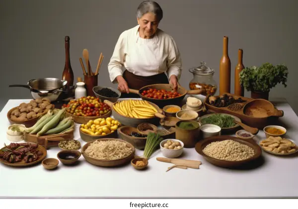 An elderly woman standing at a table full of food