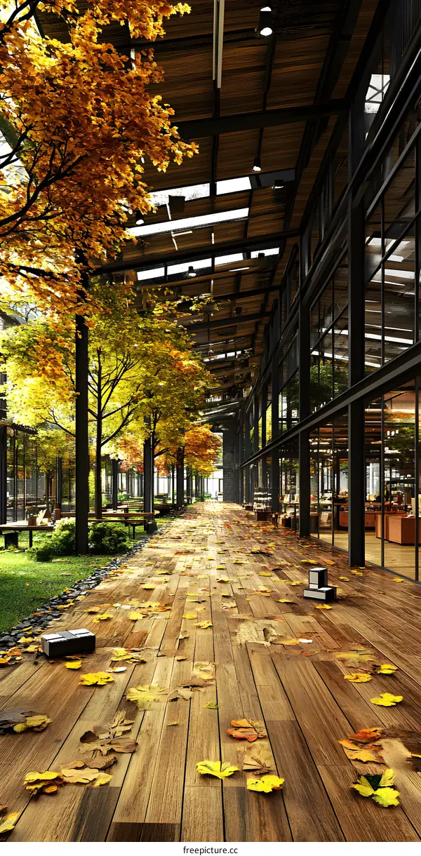 Autumn Leaves on a Wooden Pathway in a Modern Building