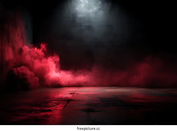 Dark Empty Room with Red Smoke and Spotlight
