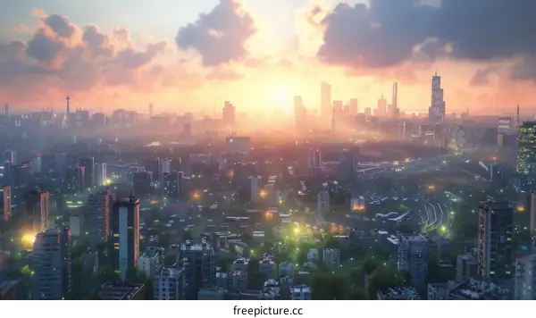 Sunrise over a Futuristic Cityscape