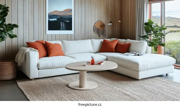 Modern Sectional Sofa with Orange Cushions in a Cozy Living Room