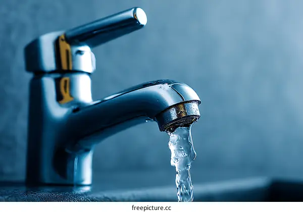 Close-up of Water Tap with Flowing Water
