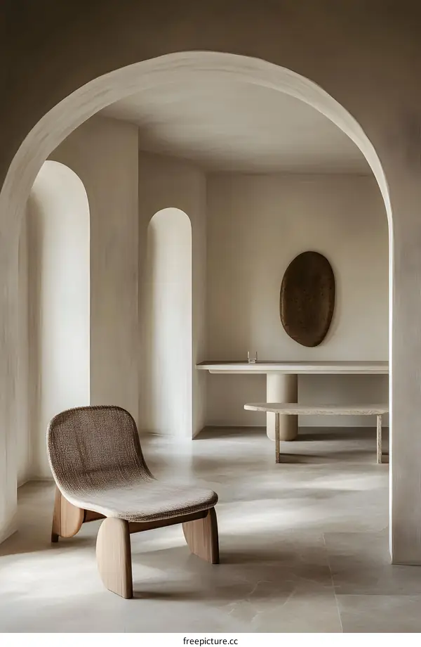 Minimalist Interior Design With Arched Walls and Wicker Chair