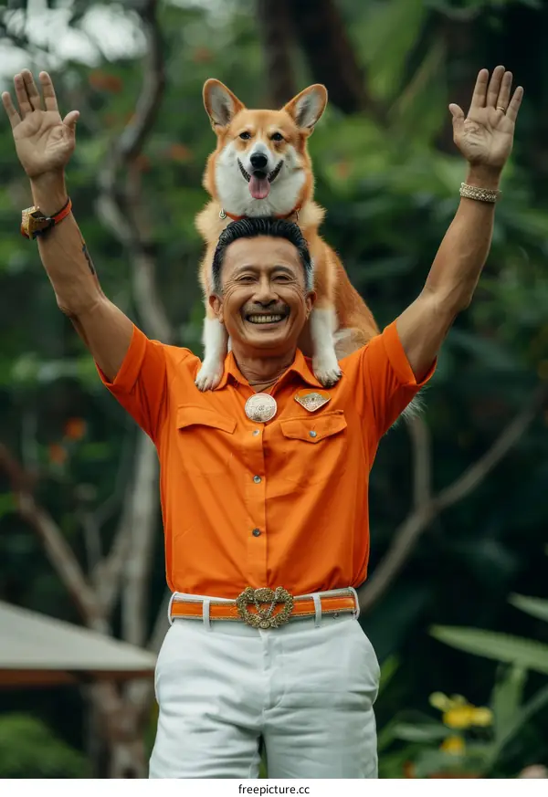 A man with a dog on his head is posing for a photo