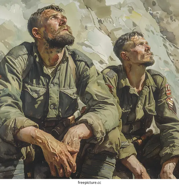 Two soldiers looking up at the sky