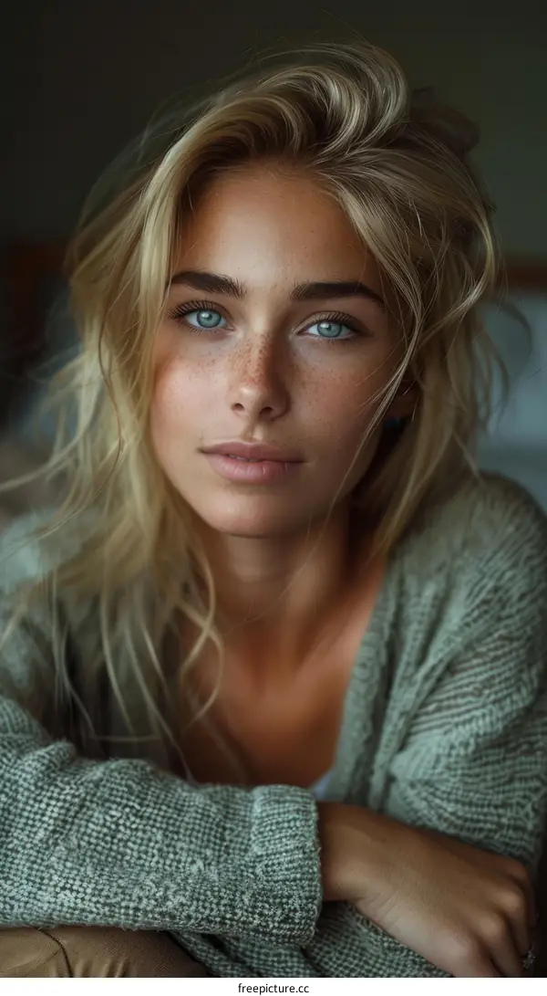Portrait of a Young Woman with Blonde Hair and Blue Eyes