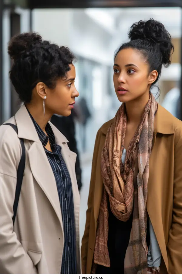 Two young women are talking to each other with serious facial expressions