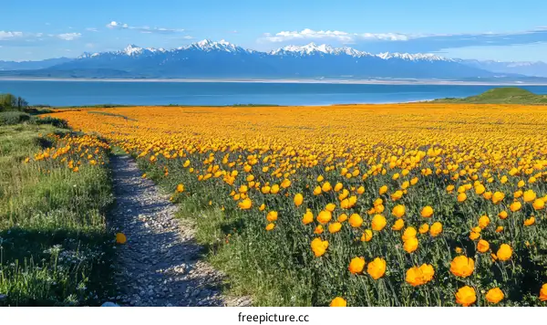 Vast Field of Flowers with Mountains and Lake in Background