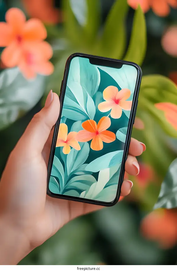 Hand Holding a Smartphone with a Floral Phone Wallpaper