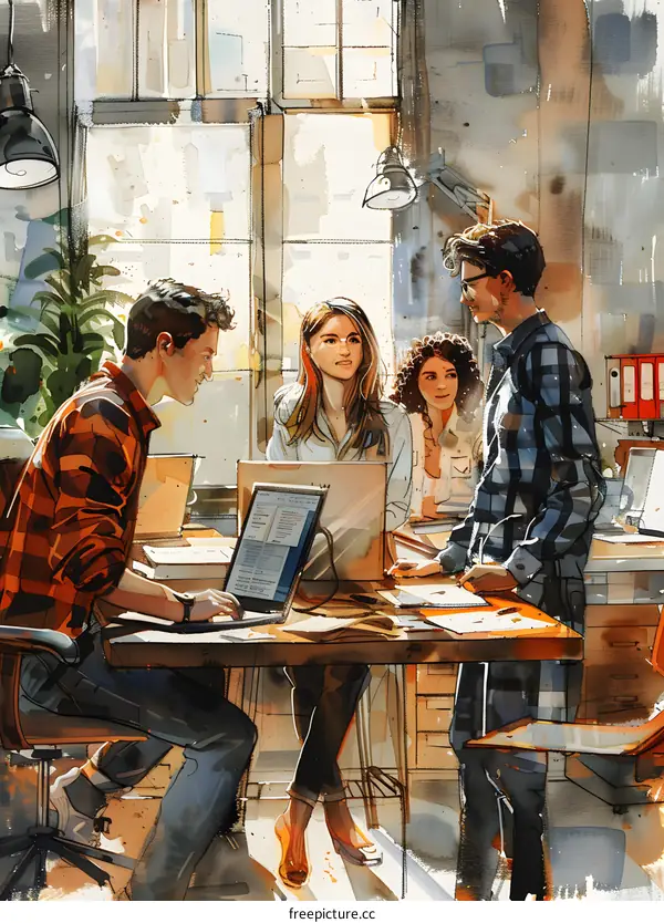 watercolor painting of people in an office