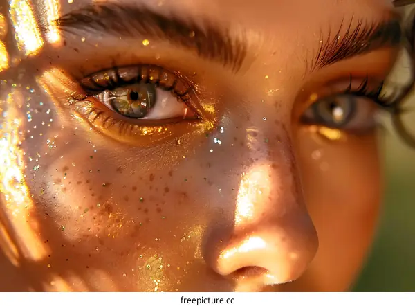 Close Up Of Woman Eye With Golden Glitter