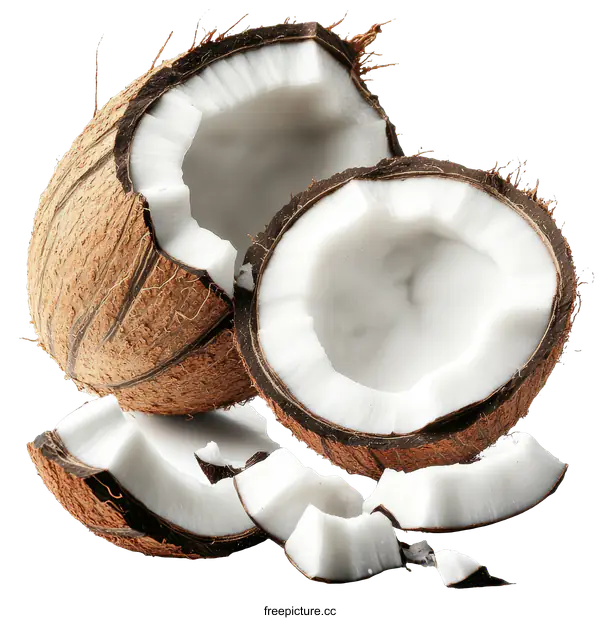 [Transparent Background PNG]Fresh Coconut Pieces and Half Coconut