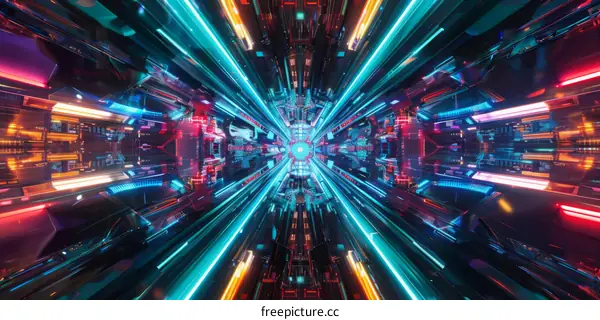 An illustration of a circuit board with blue and orange lights.