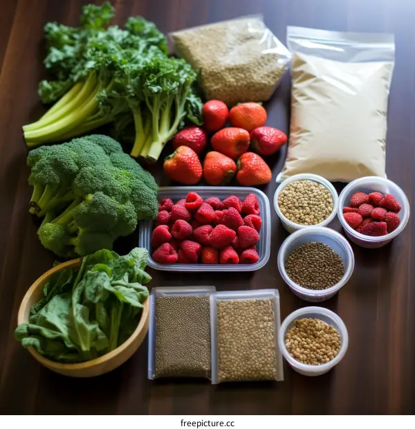 A variety of fresh and healthy food ingredients are arranged on a wooden table.
