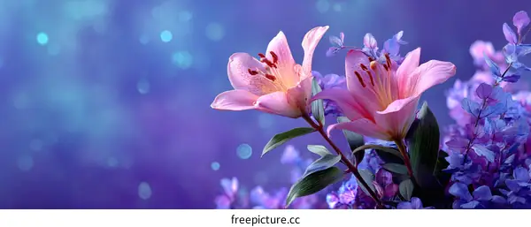 Beautiful Pink Lilies and Purple Flowers in Soft Light