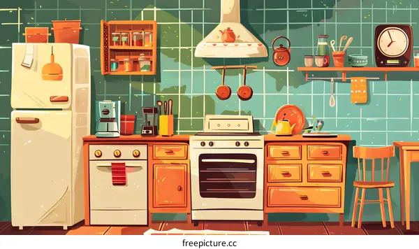 Retro Kitchen Illustration With Green Tiles